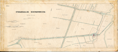 NOC-057000016 Kaart van de stoombemaling van de Schermerboezem, no. 8, Schardam, met dieptemetingen in de Beemster ...